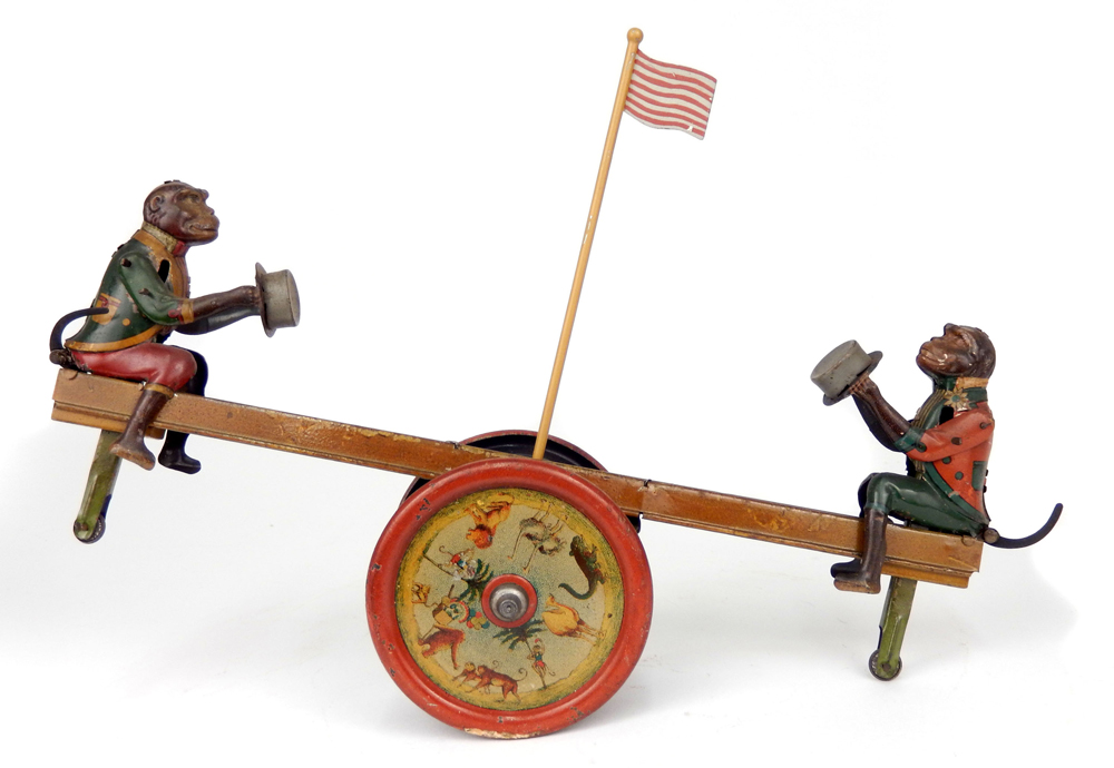 Distler (German) lithographed tin wind-up Monkeys on Seesaw. Stephenson’s Auctioneers image